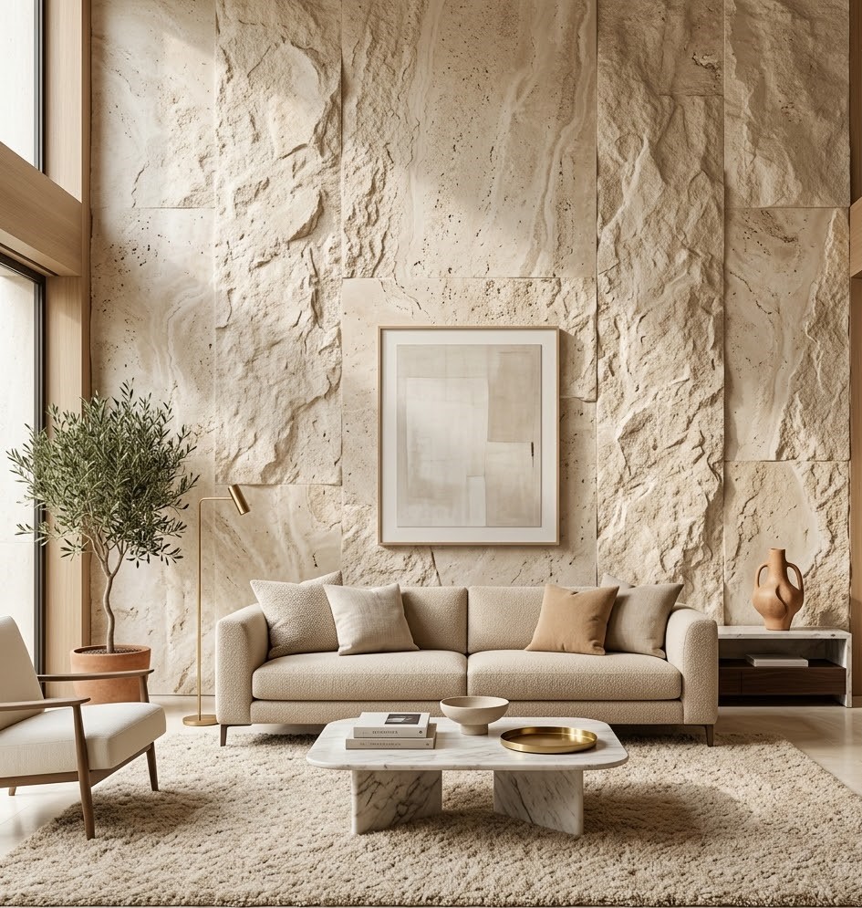 Stone feature wall in living room